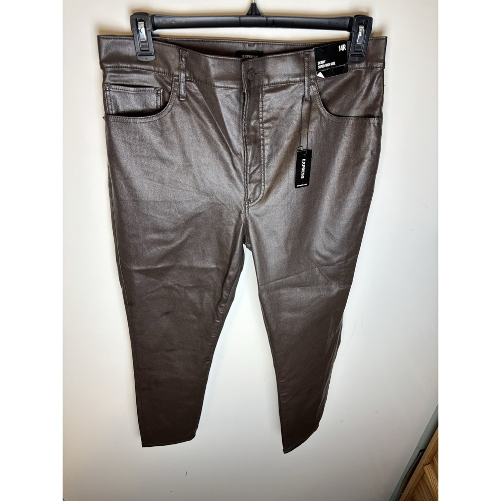 Express Women Pants 14R Brown Faux Leather Modern Straight High Rise NWT